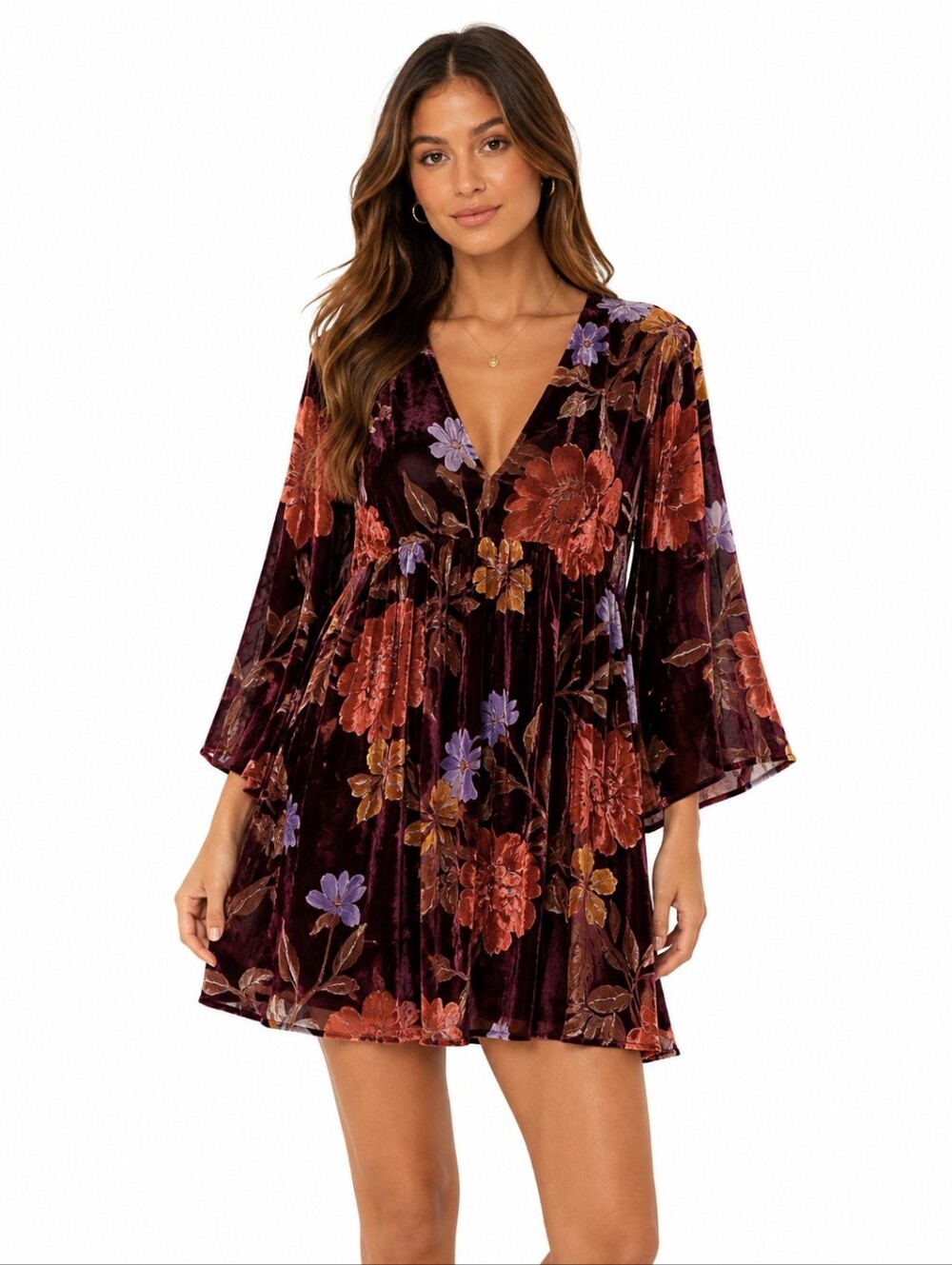 By Together Burgundy Floral Burnout Velvet Babydoll Dress S Made USA